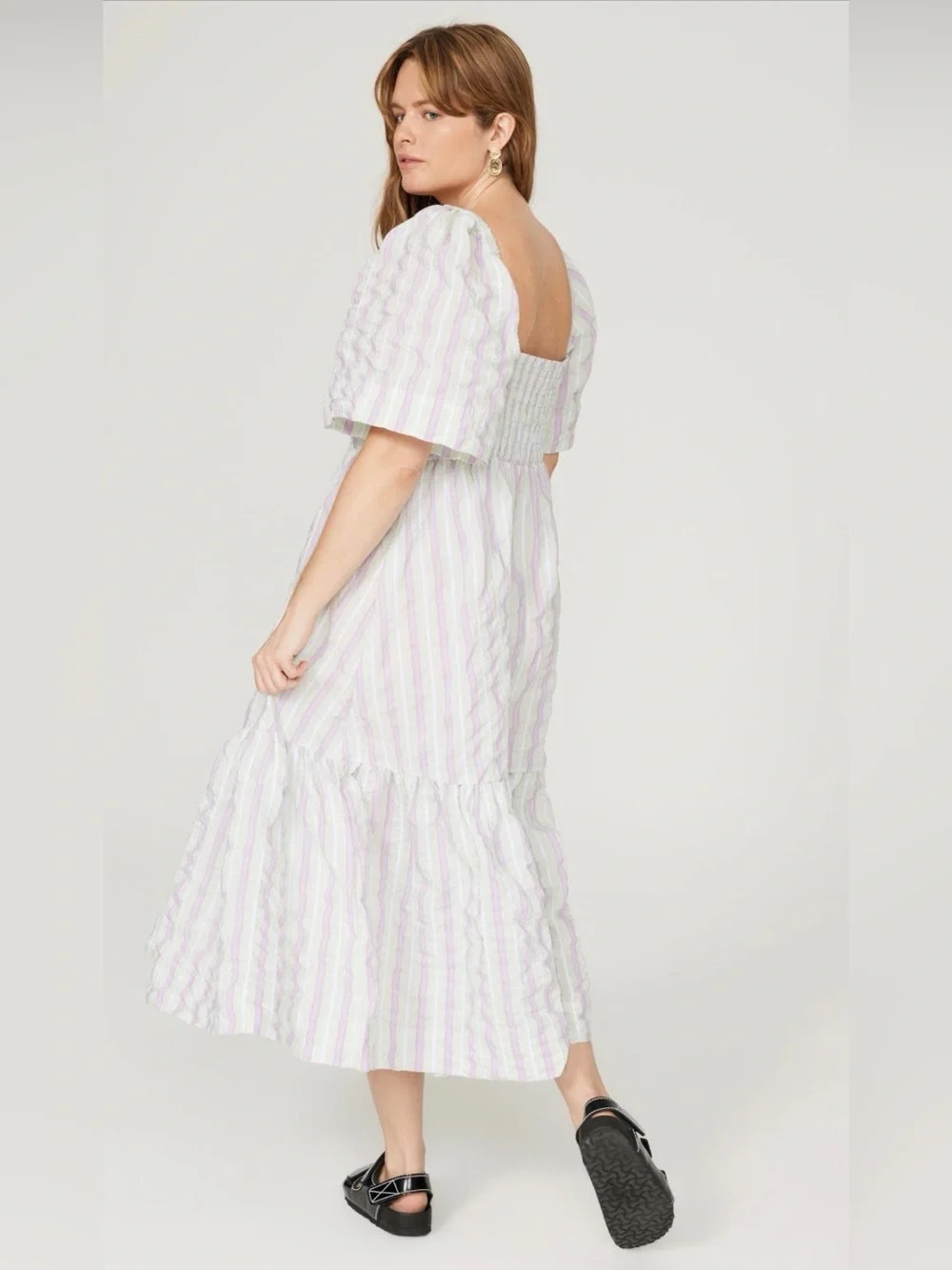 GANNI Pastel Striped Seersucker Midi Dress